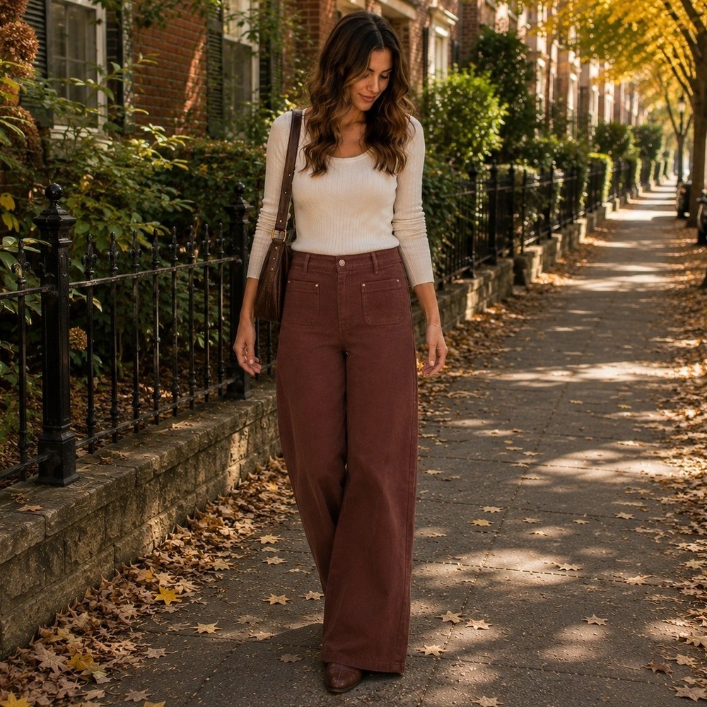 PAIGE Leenah Wide Leg Soft Coated Twill Pants Burnt Umber Anthropologie 33 NWT
